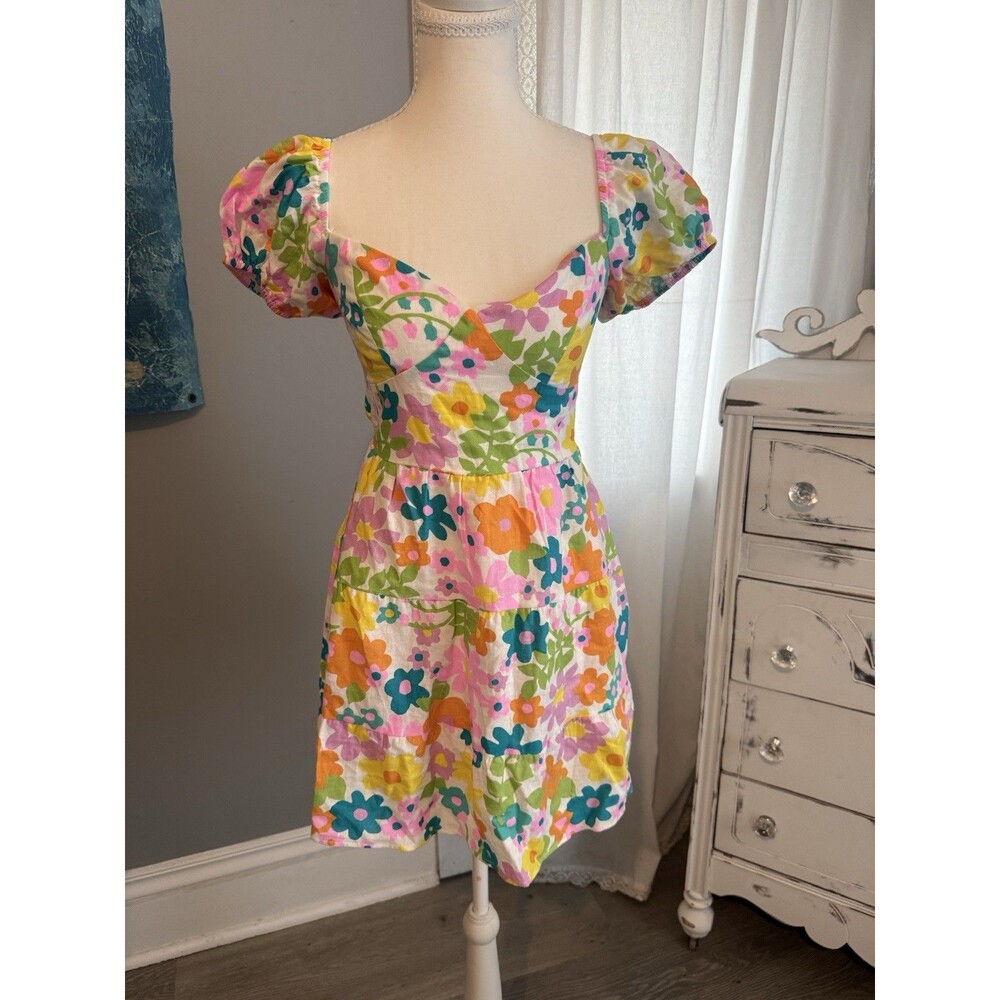 Show Me Your Mumu Dress Small Floral Puff Sleeve Tie Back Mini Dress Multicolor